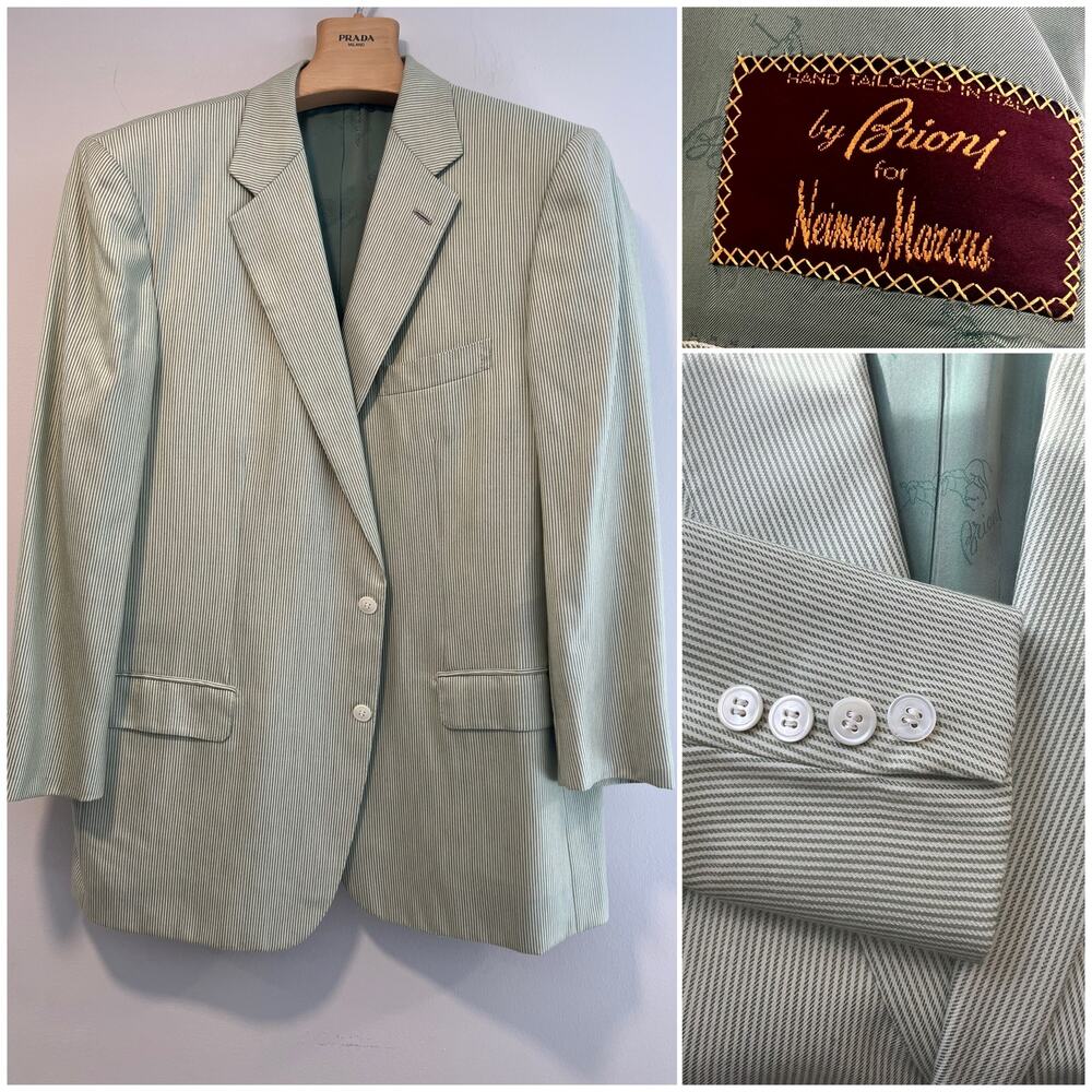 Brioni Cashmere & Silk Green White Pinstripes Suit Jacket Size 46R JP